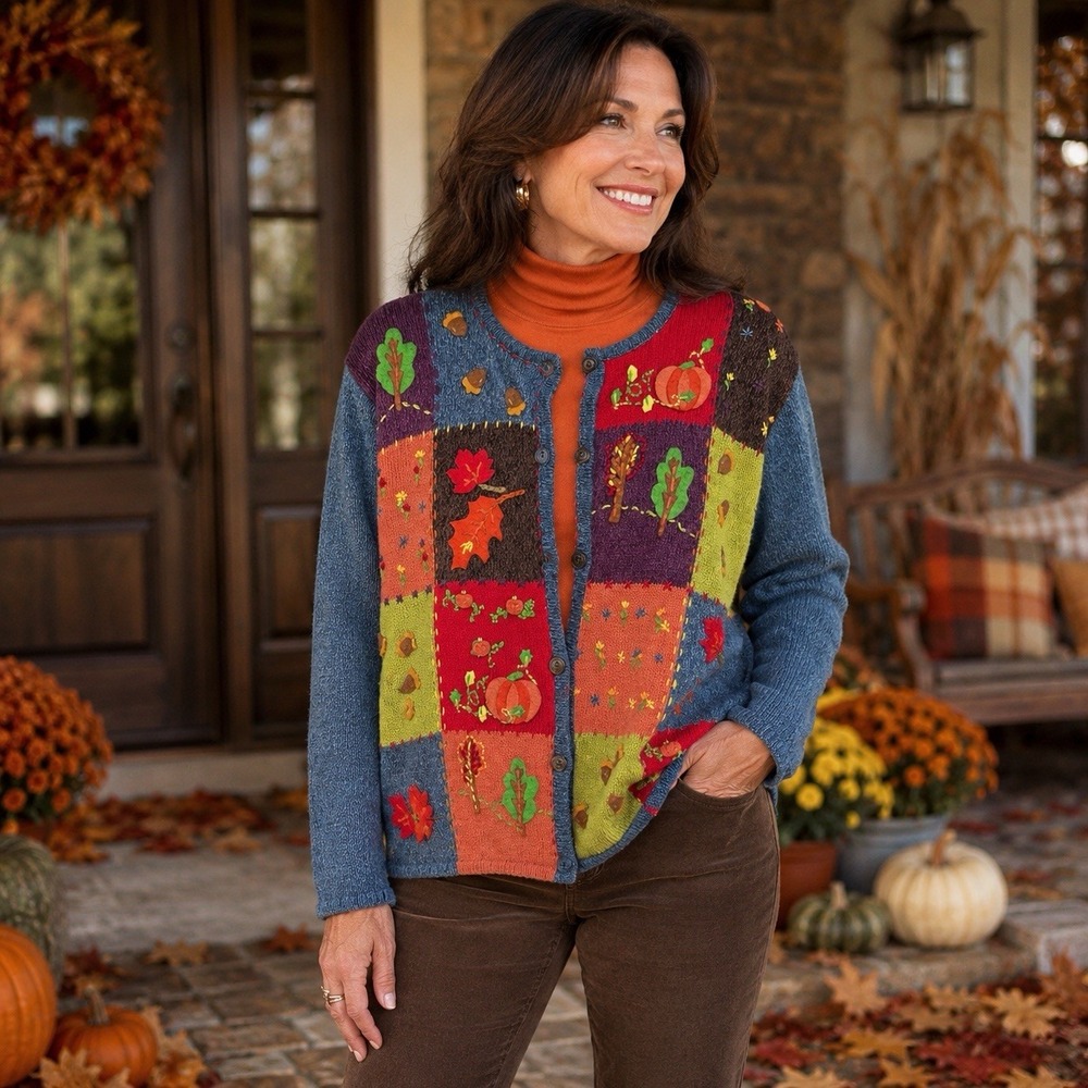 Avery Isle Women's M Fall Patchwork Cardigan Pumpkin Leaves Acorns Cottagecore